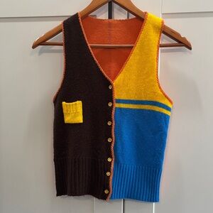 Colorblock Knit Button Vest in Yellow, Blue & Brown
